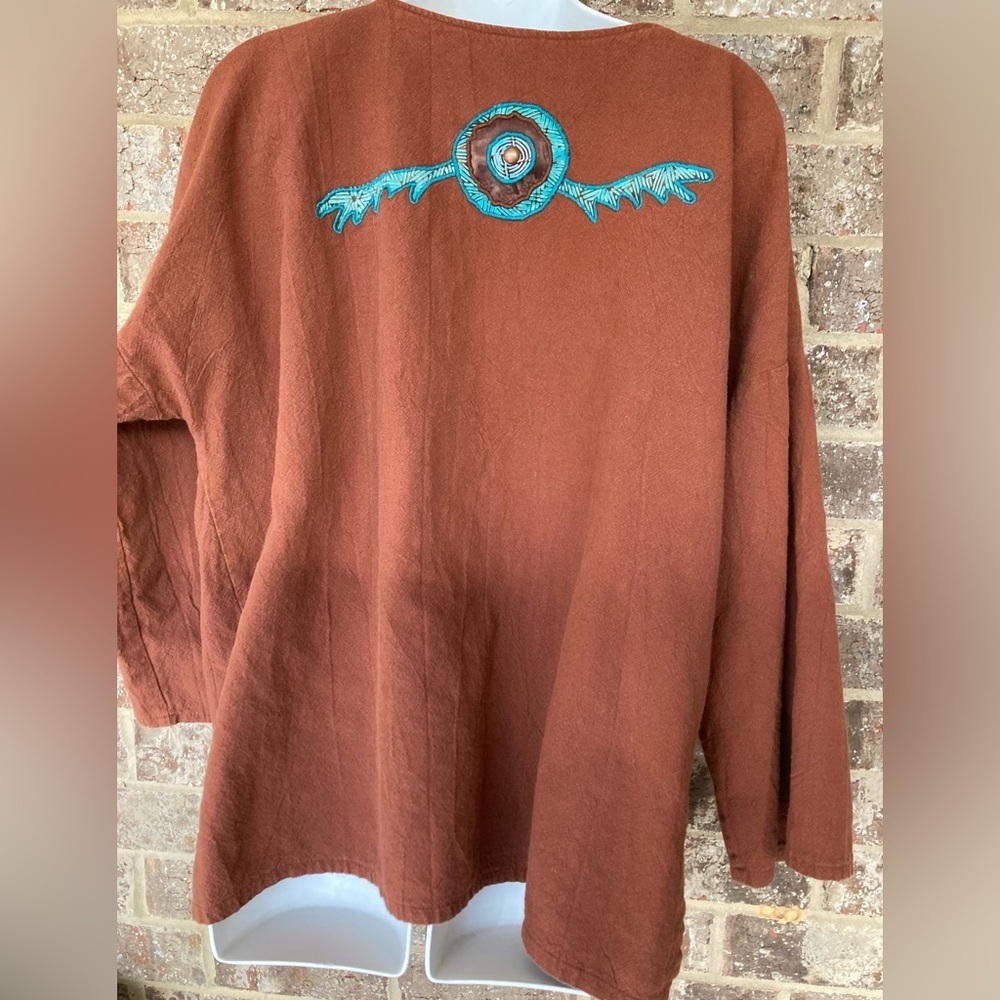 Alfredos Wife SZ L tunic top Brown Turquoise studded Appliqué Bling Vintage - Picture 3 of 9